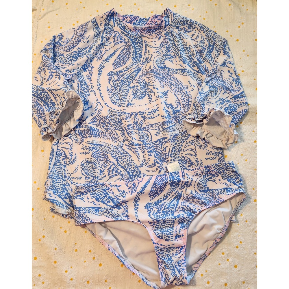 Lilly Pulitzer Girls Blue Paisley Rash Guard Two Piece Swimsuit Set Size 12